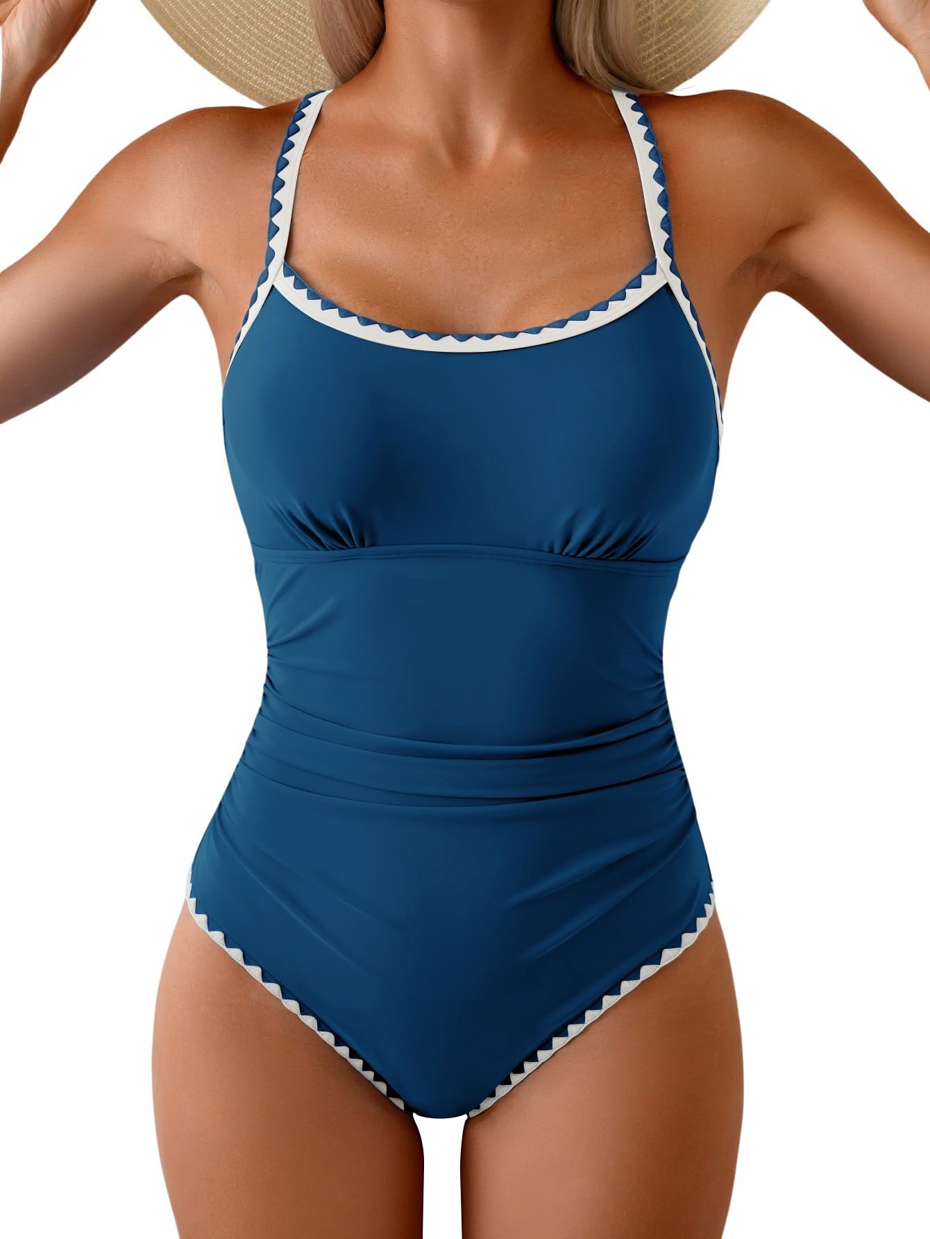 Eomenie Women's One Piece Swimsuit Tummy Control Slimming Bathing Suit Ruched Swimwear Tie Back Shell Stitch Swim Suit