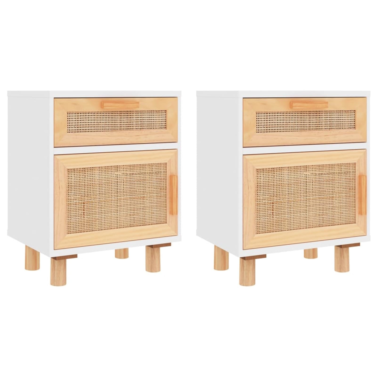 Homgoday Comodino in legno massello bianco e rattan naturale, 2 pezzi, comodino, comodino, tavolino per soggiorno, camera da letto, divano e tavolo
