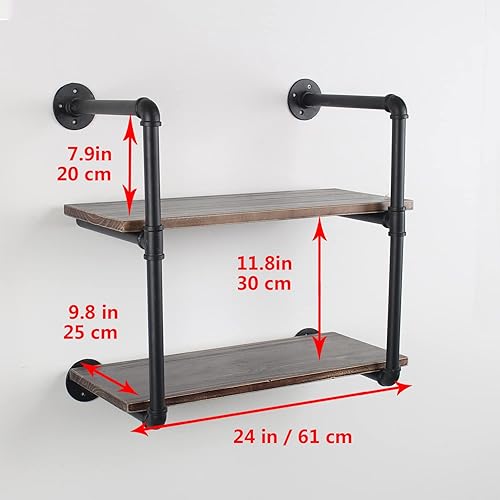 Miniatura 2 de MBQQ Estante industrial de tubo retro de 24 pulgadas de 2 niveles montado en la pared, estantes flotantes rústicos, estantes de bar de cocina de