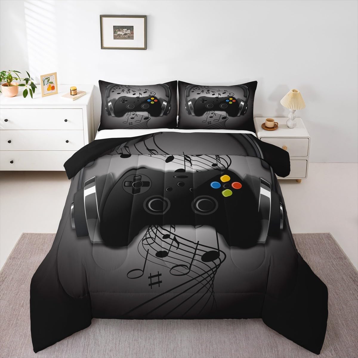 Gamer Comforter Set Twin Size,Black Grey Headphones Musical Design Games Gamepad Bedding Set for Kids Boys Video Game Room Decor Retro Playing Gamer
