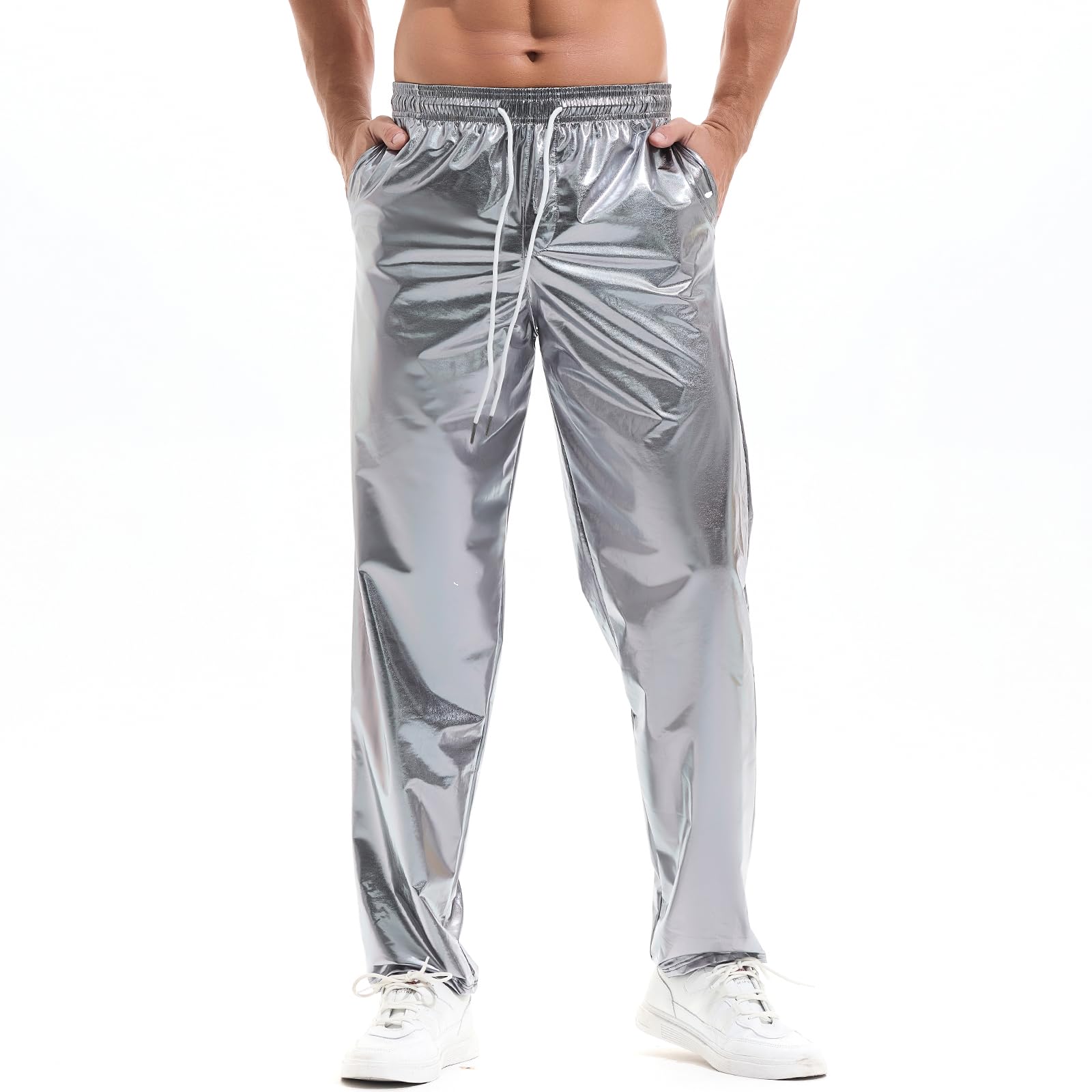 AMY COULEEMens Metallic Shiny Pants Disco Rave Costume Sparkly Holographic  Party Pants with Drawstring Pockets