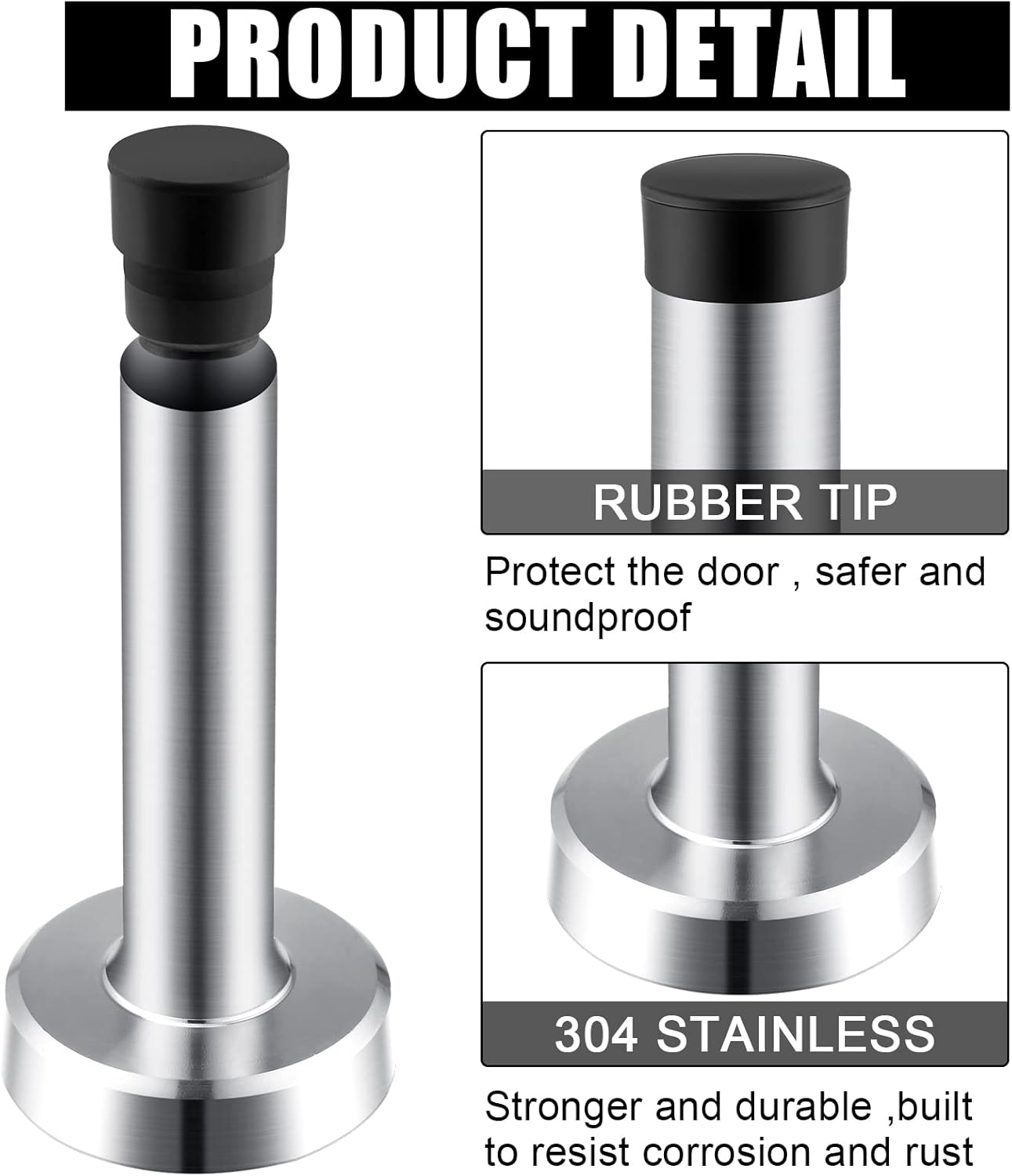Funrous 10 Pcs Door Stop 3.7 Inch Heavy Duty 304 Stainless Steel Door Stopper with Rubber Tips Bumper Wall Mounted Wall Protector for Sound Dampening(Silver)