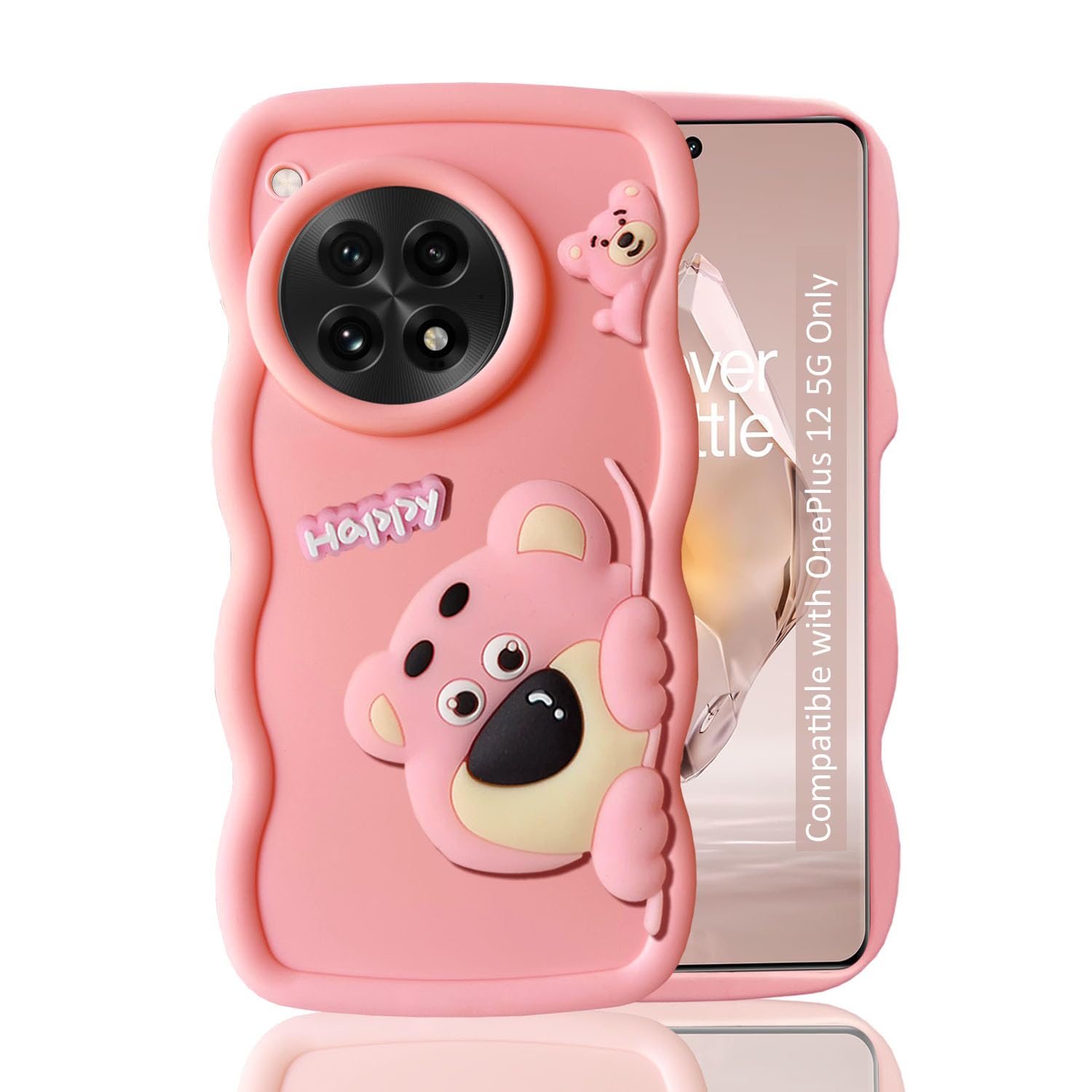 KC Back Cover for OnePlus 12 5G - 3D Big Wave Cute Cartoon Character Hanging Bear Shockproof Soft Bumper Silicone Case with Camera Protection (Light-Pink)
