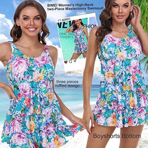 BIMEI Two Piece Tankini Pocketed Swimwear Mastectomy Swimsuit for Women Bathing Suits Floral Print with Boyshorts 22-0014