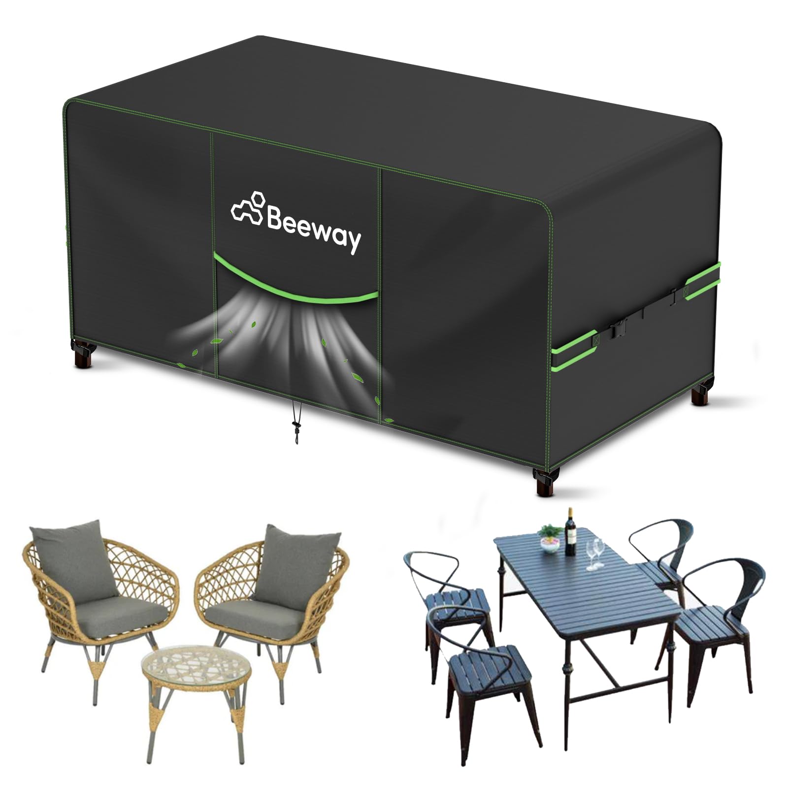 Beeway Black Garden Furniture Cover With Air Vent, Waterproof Patio Rattan Sofa Table Chair Set Cover - 420D Oxford Fabric, Windproof - 120X90x73cm