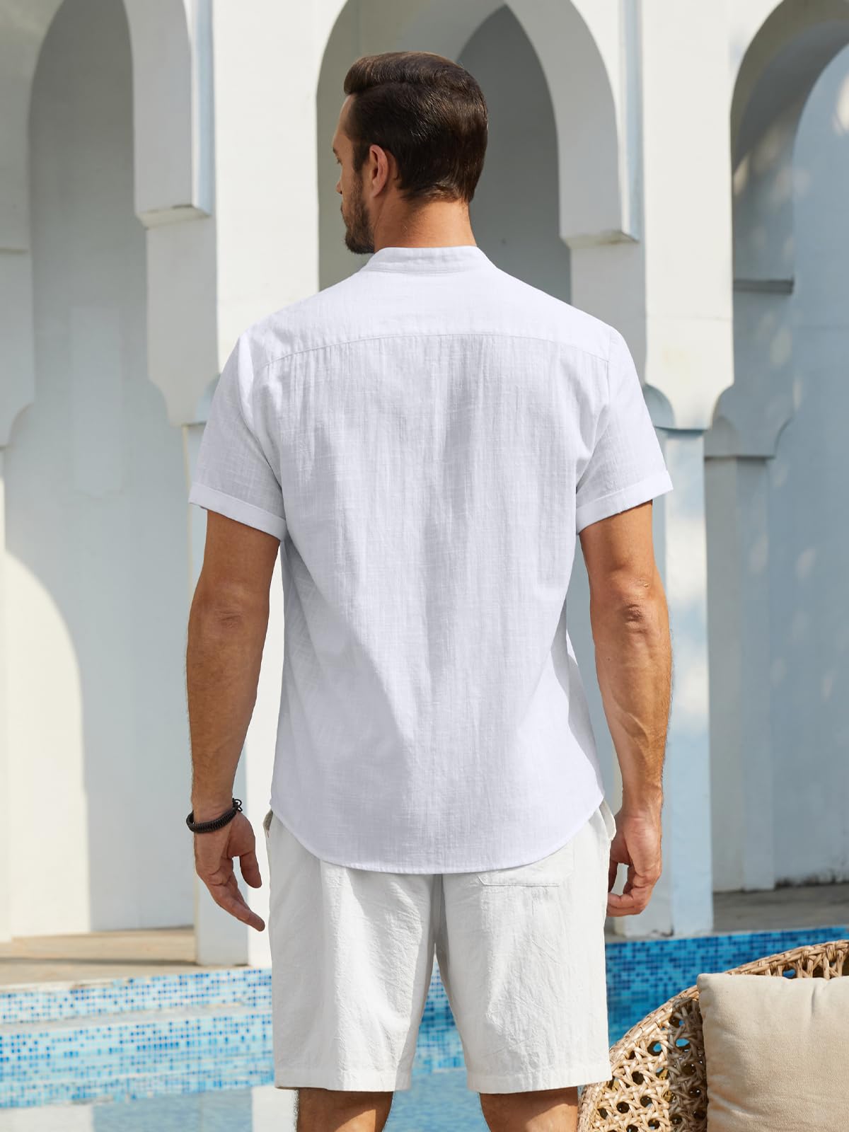 Enlision Camisa de Lino Manga Corta para Hombre Sin Cuello Verano Henley Color Sólido con Botones Bolsillo S-4XL