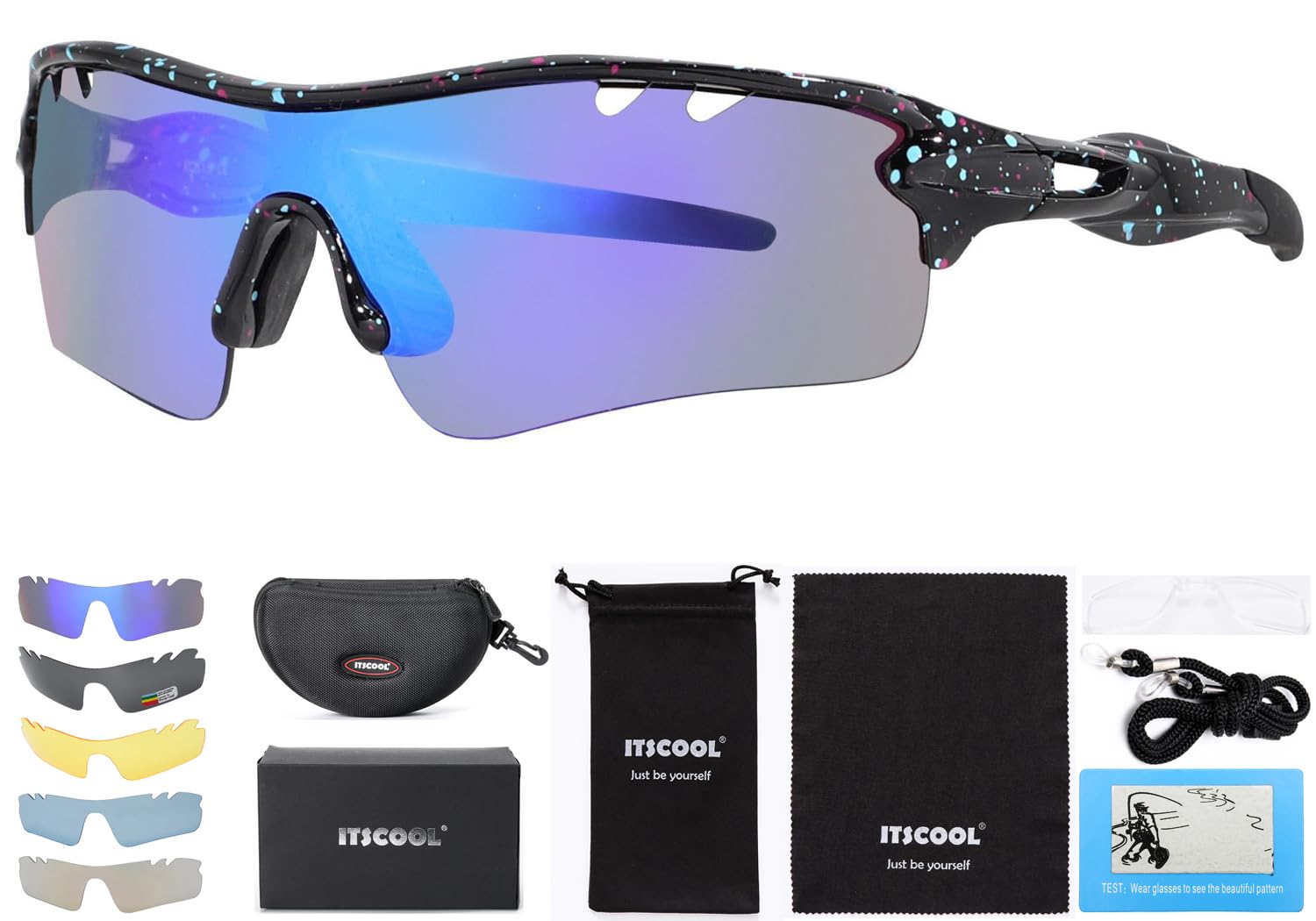 ITSCOOL Polarisierte Sport-Sonnenbrille mit 5 austauschbaren Gläsern für Männer und Frauen, Softball, Laufen, Radfahren, Baseballbrille