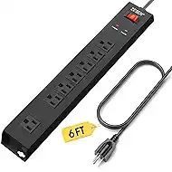 ZESEN 7 Outlet Metal Long Power Strip with Overload Protection & 1500J Surge Protection, 6ft Cord Wall Mounted Industrial Power Strip for Office Workshop Garage, ETL Listed(15A/1875W), Black
