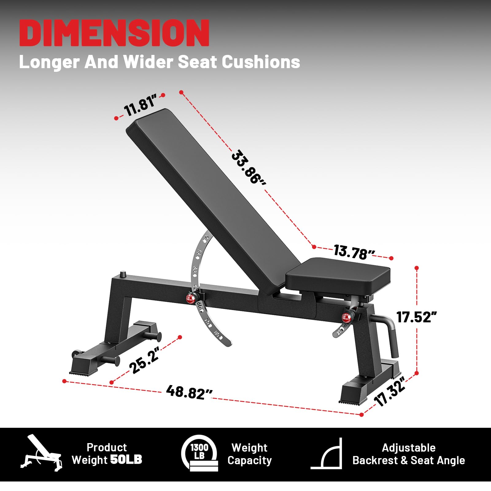 1300lb Capacity Adjustable Weight Bench, Heavy-Duty Workout Bench Home Gym | Adjustable Weight Bench, Comfortable Extended & Easy-to-Clean Backrest, Transport Wheels & Easy Mobility for Home Gym
