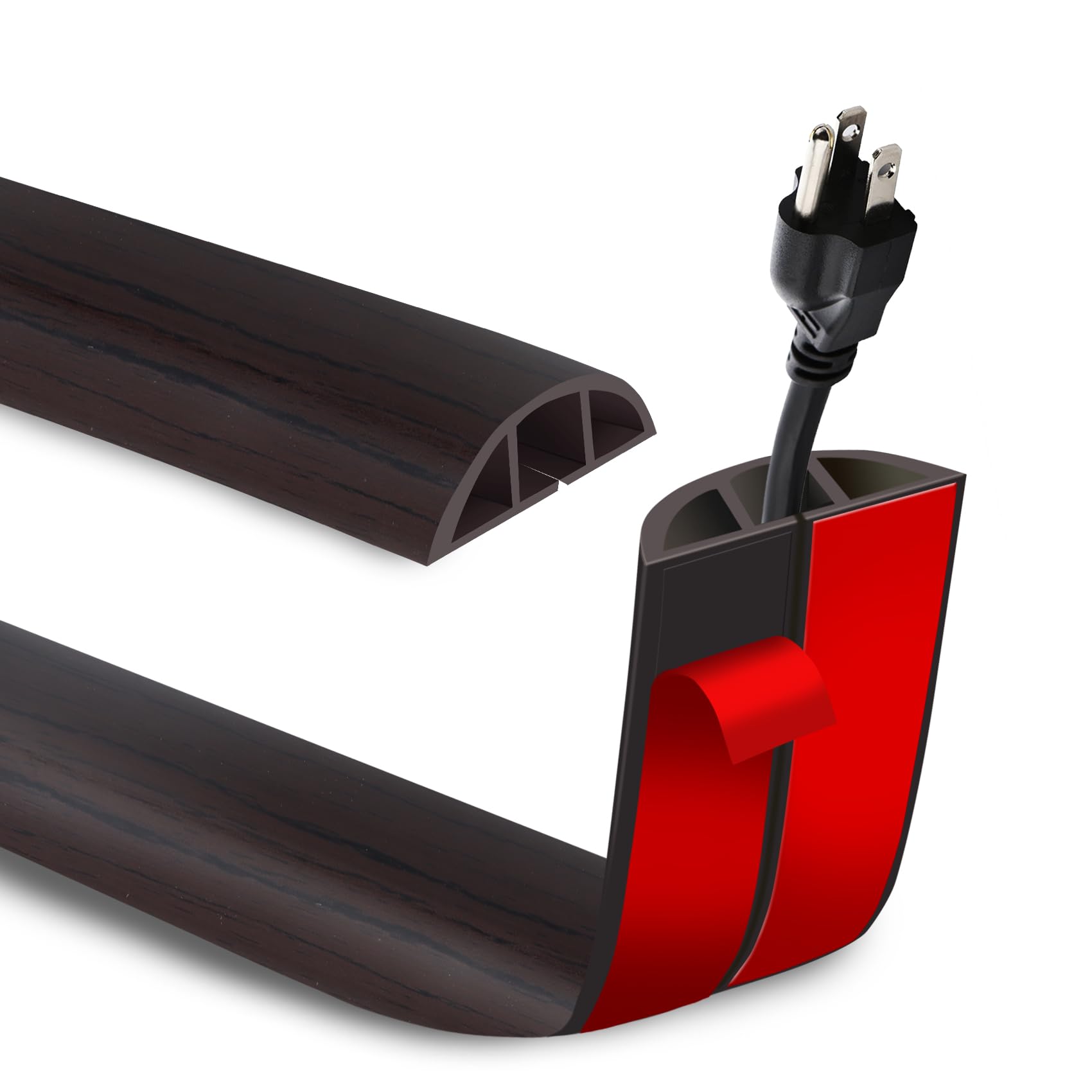 10FT Cord Cover Floor Self Adhesive Floor Cable Management, Cord Hider Floor Power Cord Cover, Soft PVC Cable Protector for Offices, Living Room, Gym, Black Wood, Cord Cavity: 0.35