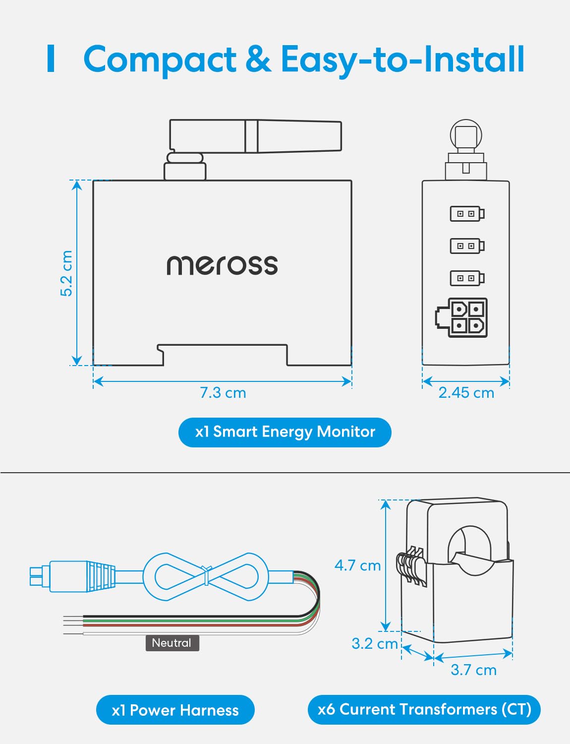 Meross EM06 (150 A) inteligentny miernik Wi-Fi, 3-fazowy licznik prądu z 6 kanałami pomiarowymi, licznik energii na szynie DIN z monitorowaniem prądu do paneli słonecznych, systemów PV, gospodarstw