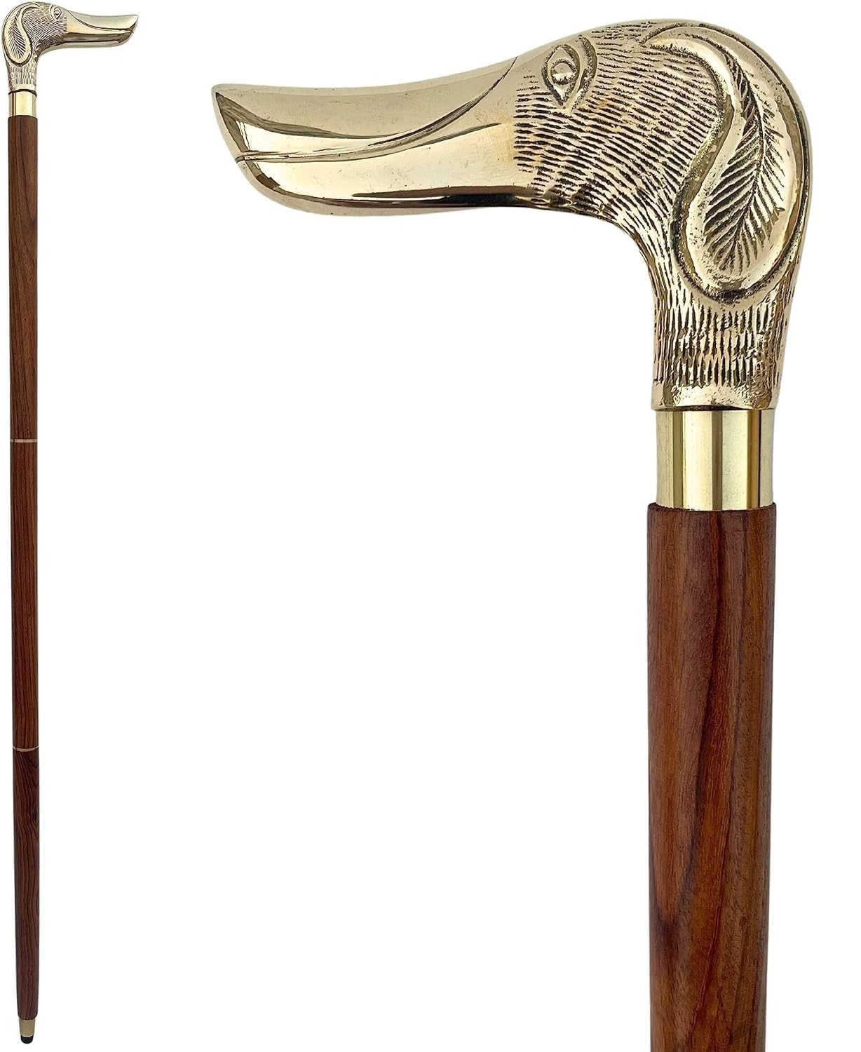 Antique Vintage Solid Brass Dog Handle Wooden Walking Stick - Vintage Cane with Ornate Animal Design - Elegant Collectible Cane for Stability and Support