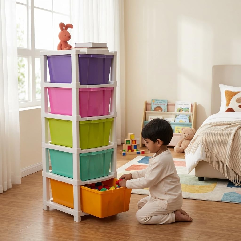PrettyKrafts 5-Layer Plastic Drawer Storage Organizer for Home & Office | Multi-Purpose Modular Cabinet for Clothes, Toys, Stationery & Essentials | Durable, Spacious Storage (27x32x85 cm, Multicolor)-image-18