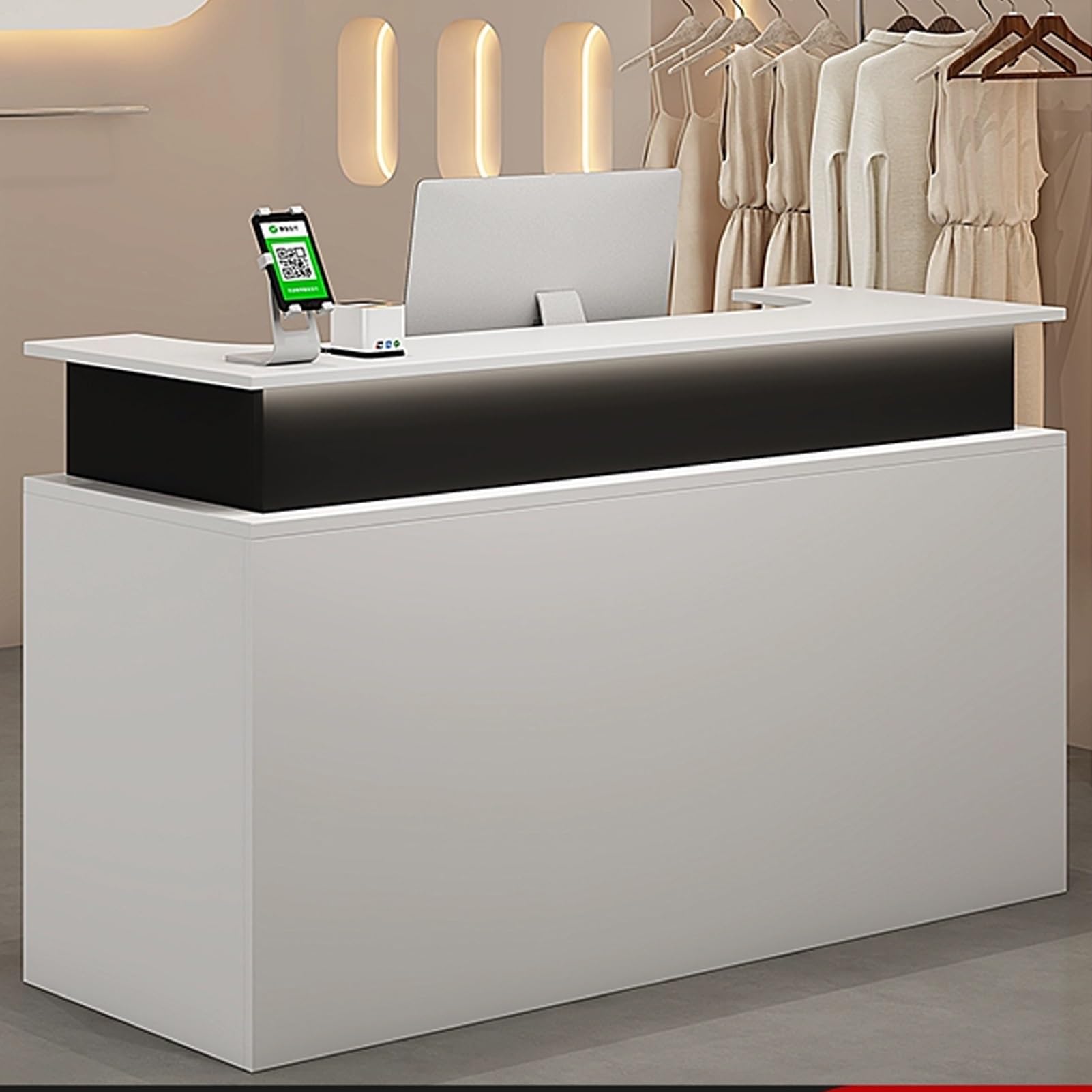 Biurko recepcyjne LED z zamykaną szufladą, drewniany blat detaliczny, stolik do kasy, salonu piękności i biura (czarno-biały, 120 cm)