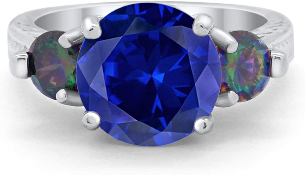 Blue Apple Co. Three Stone Ring Round Rainbow Cubic Zirconia 925 Sterling Silver Choose Color