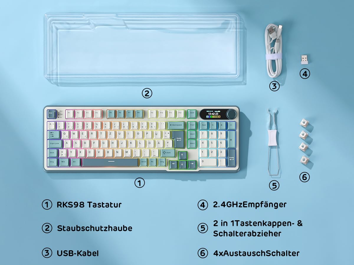 RK ROYAL KLUDGE S98 DE Mechanische Tastatur mit Smart Display & Knopf, Top Mount 96% Kabellose Tastatur BT/2.4G/USB-C, Hot-Swap, 98 Tasten, Deutsches QWERTZ