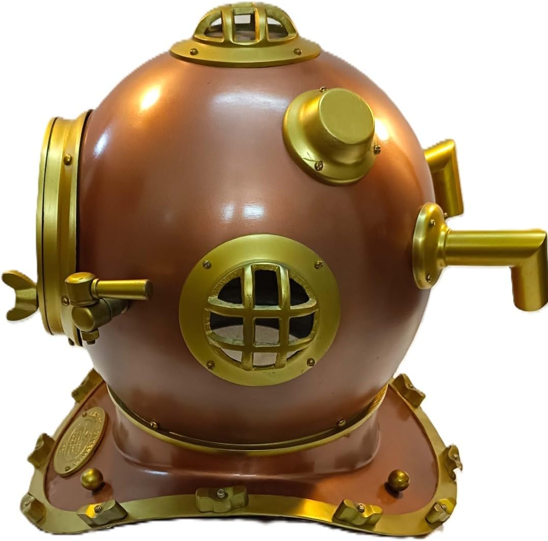 Deep Sea Diver's Helmet, Brown Finish with Wooden Base, Nautical Decor