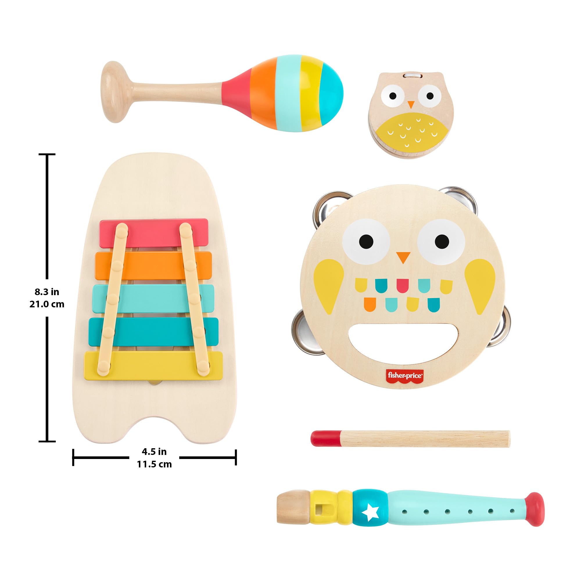 Fisher-Price Drewniane instrumenty Zestaw prezentowy z 6 drewnianymi elementami dla dzieci od 2 roku życia, HXT90