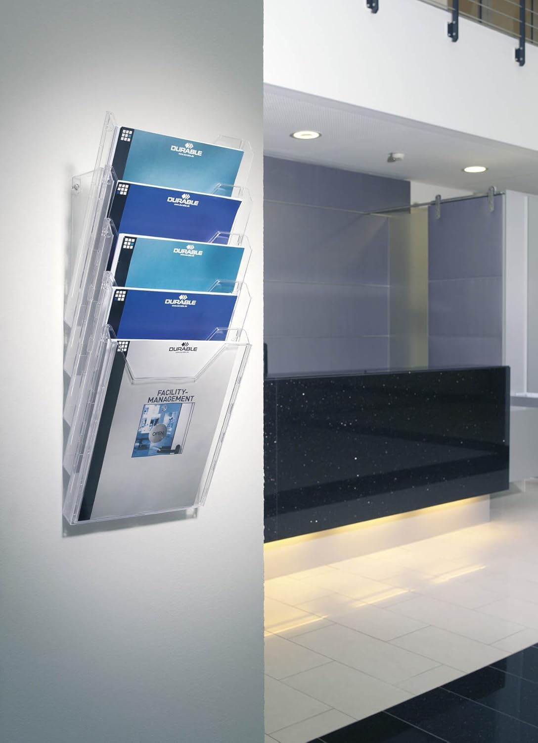 Durable 858619 - Combiboxx A4 Set XL, set di 5 vaschette porta dépliant da f.to A4 fino a f.to di 311x240 mm, da tavolo e da parete, trasparente