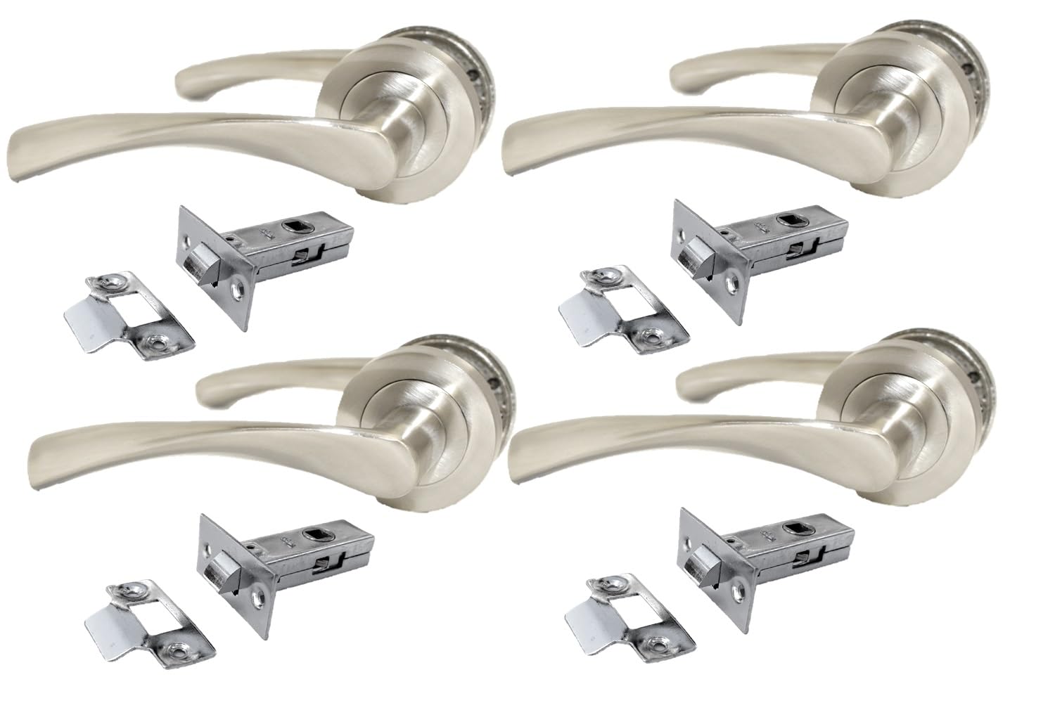 Epsom Door Handle Internal Satin Nickel Twist Door Handle Set, Interior Latch Lever on Rose, Door Latch Satin, Door Handle Latch, Bedroom, Front Door Pair (4 Pair of Handles + Tubular Latch)