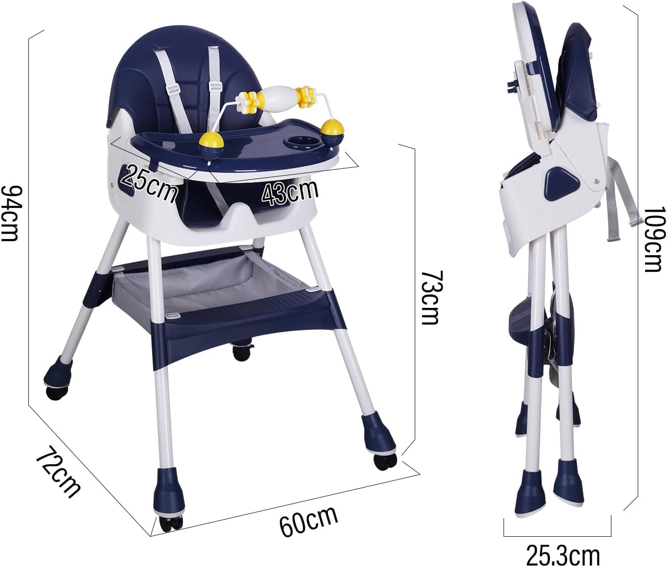 Chaise Haute Bébé 2 en 1, Fauteuil Enfant, Chaise Enfant, Réglable, Avec Plateau, Solide, Design Universel, Facilement lavable, pour 6 mois à 6 ans Repas Bébé 20kg (Bleu foncé)