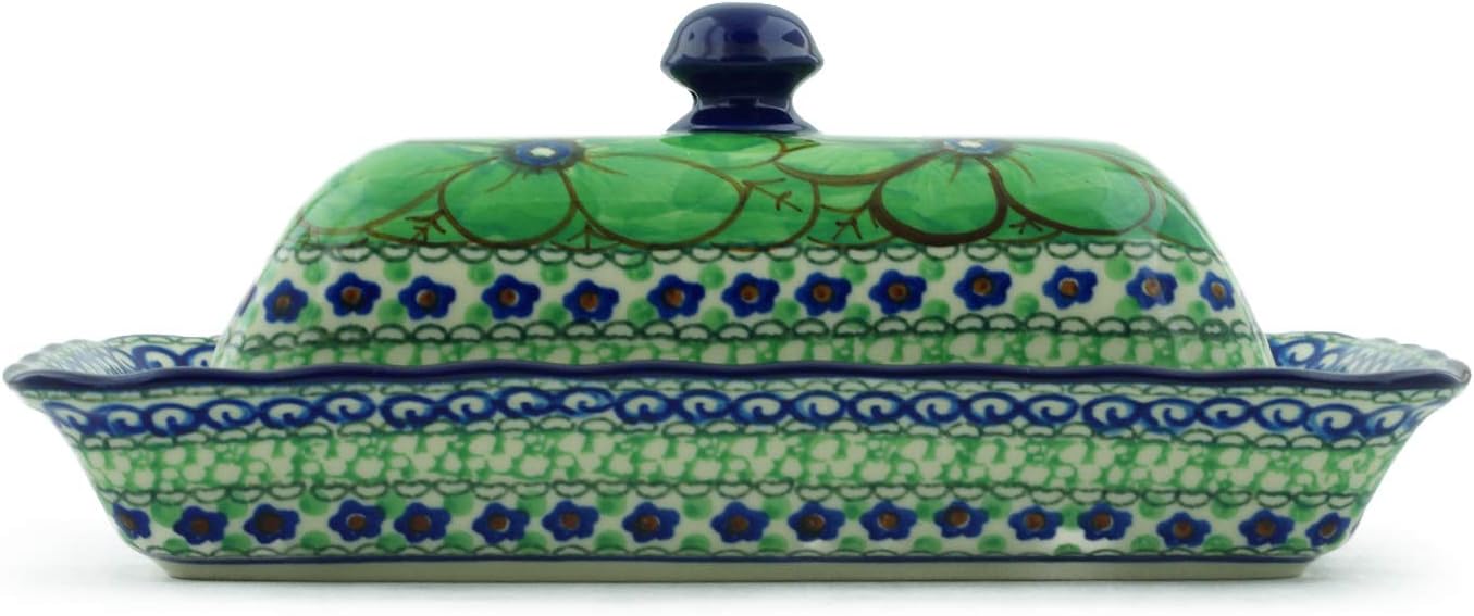 Polmedia Polish Pottery Butter Dish UNIKAT - Green Pansies Pattern Handmade in Boleslawiec Poland by Ceramika Artystyczna + Certificate of Authenticity