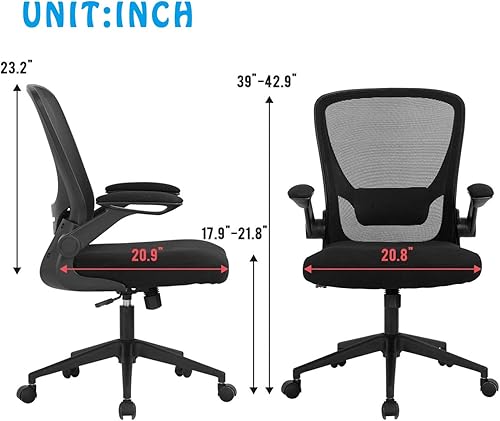 Miniatura 2 de Silla ergonómica de oficina con respaldo medio, silla de computadora de malla con soporte lumbar y reposabrazos abatibles, silla giratoria de altura