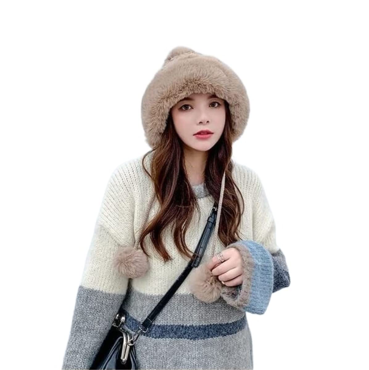 Czapka Beanie Czapka Zimowa Pompon Czapki Dla Kobiet Puszysta Dzianina Damska Sztuczne Futro Czaszka (Jeden Rozmiar)