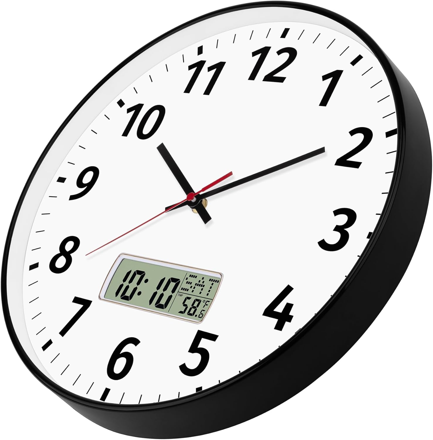 Foxtop 14 Inch Digital Wall Clock with Time, Day of Week and Temperature, Silent Non-Ticking Battery Operated Round Digital and Analog Black Wall Clock for Office Classroom Bedroom Home School