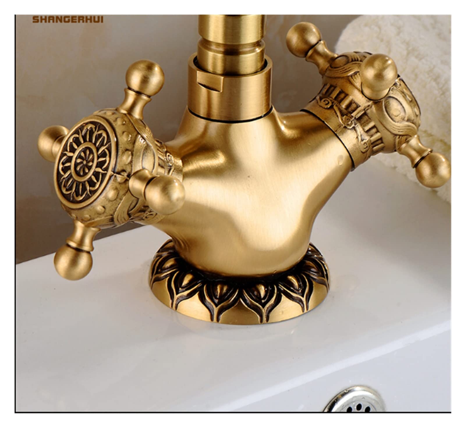 Elastyczny kran Obrotowy, Europejski styl Antique rzeźbione mosiężna bateria łazienkowa Hot and Cold Water Basin Faucet Pojedynczy uchwyt Tap