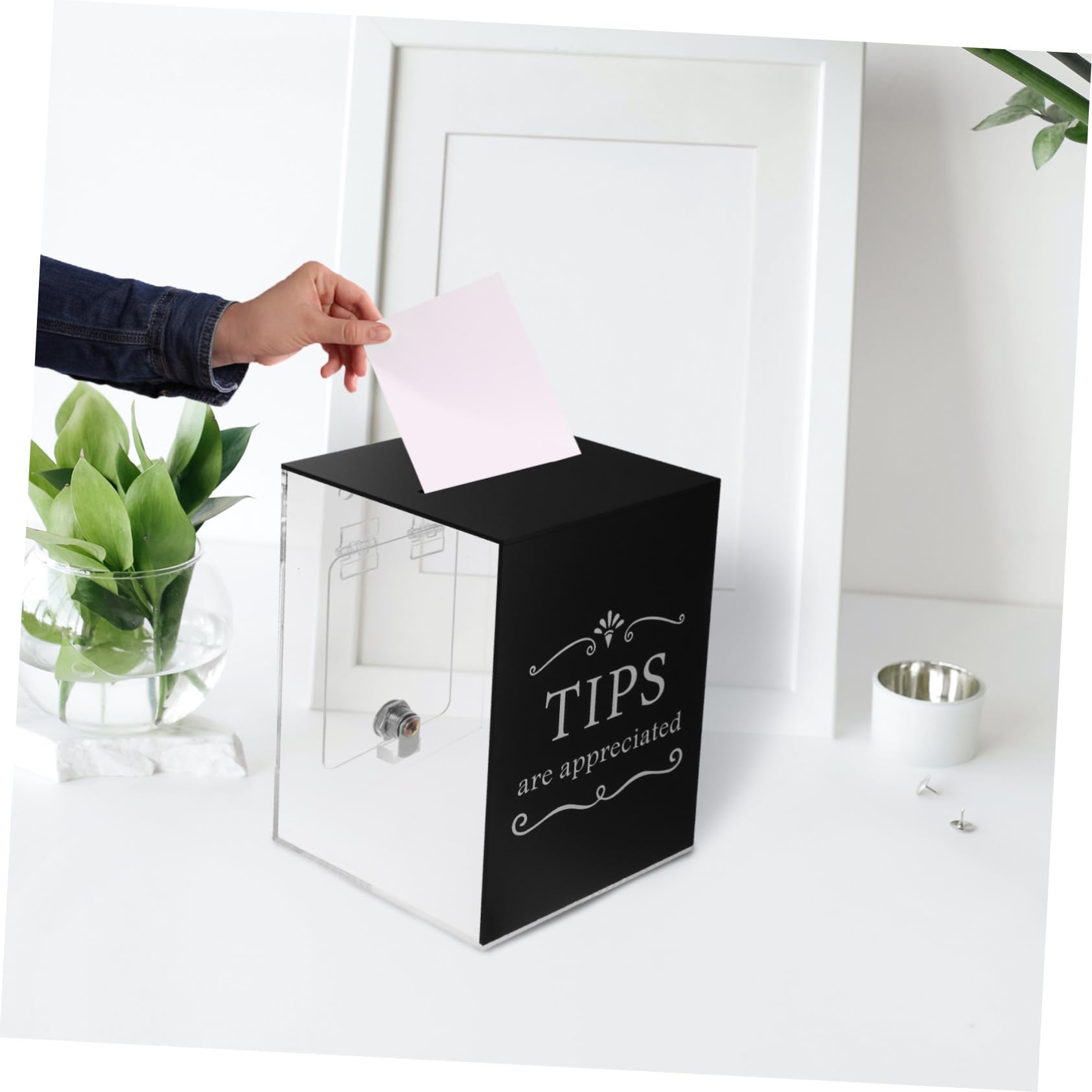 TEHAUX Caja de Propinas Contenedor Moderno de Acrílico Negro con Cerradura Segura que Previene Accesos No Autorizados para Restaurantes y Otros Lugares