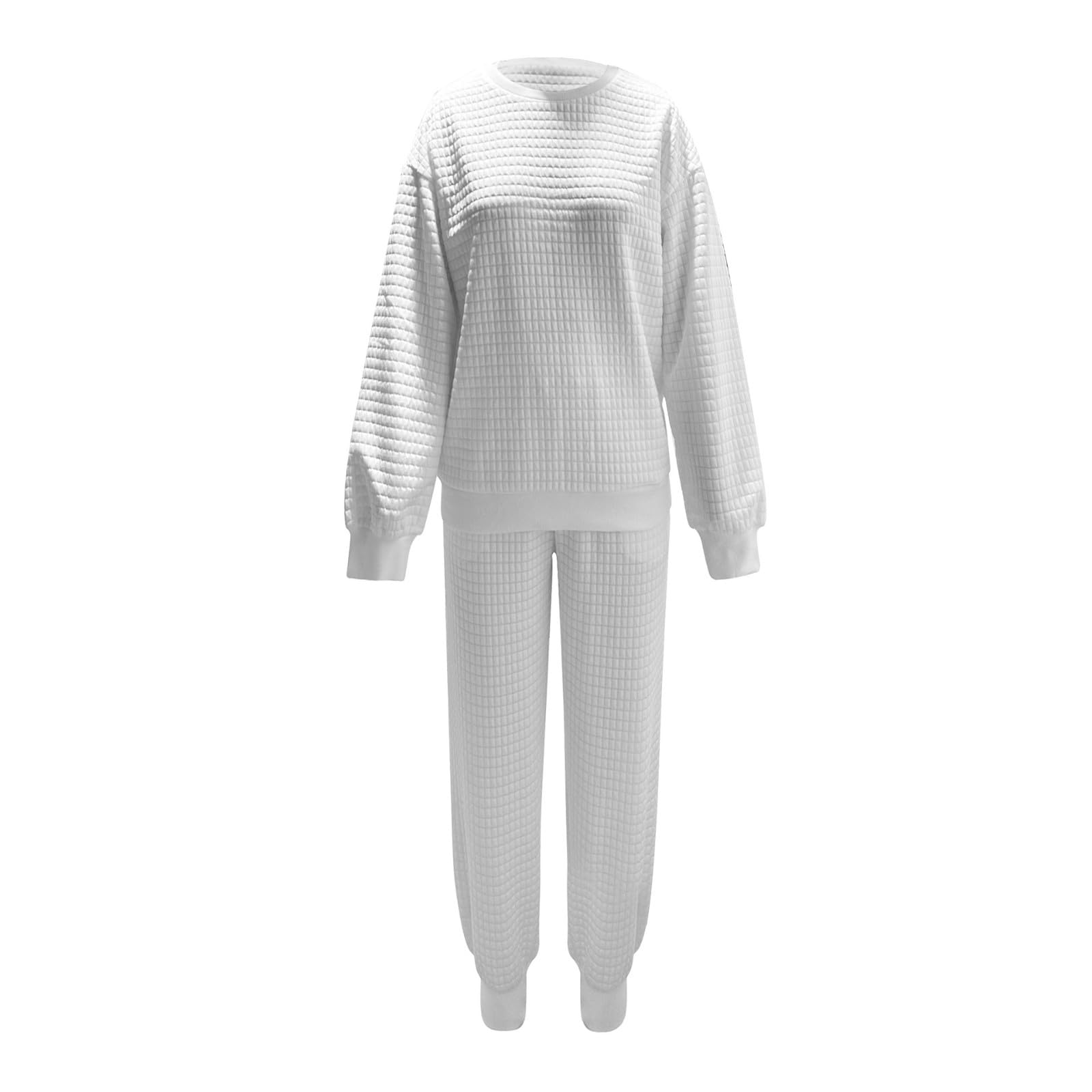 Ensemble de pyjama 2 pièces à carreaux pour femme | Haut à manches longues et col rond et pantalon de pyjama douillet uni élastique