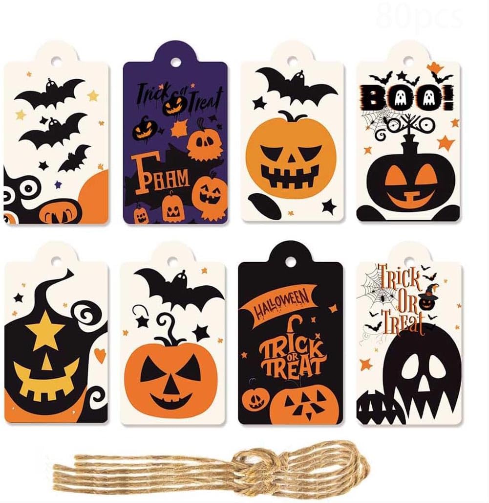 Nt-Ling Orange Halloween Paper Gift Tags With String, 80Pcs Happy Halloween Pumpkin Bat Pattern, Personalized For Candy Bag, Gift Wrapping, Party Decoration Supplies