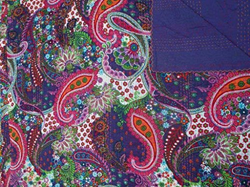 V Vedant Designs Purple Ethnic Kantha Paisley Print Quilt, Handmade Kantha Decorative Bed-Cover, Queen Size Traditional Kantha Blanket, Twin, 90x60 Inch