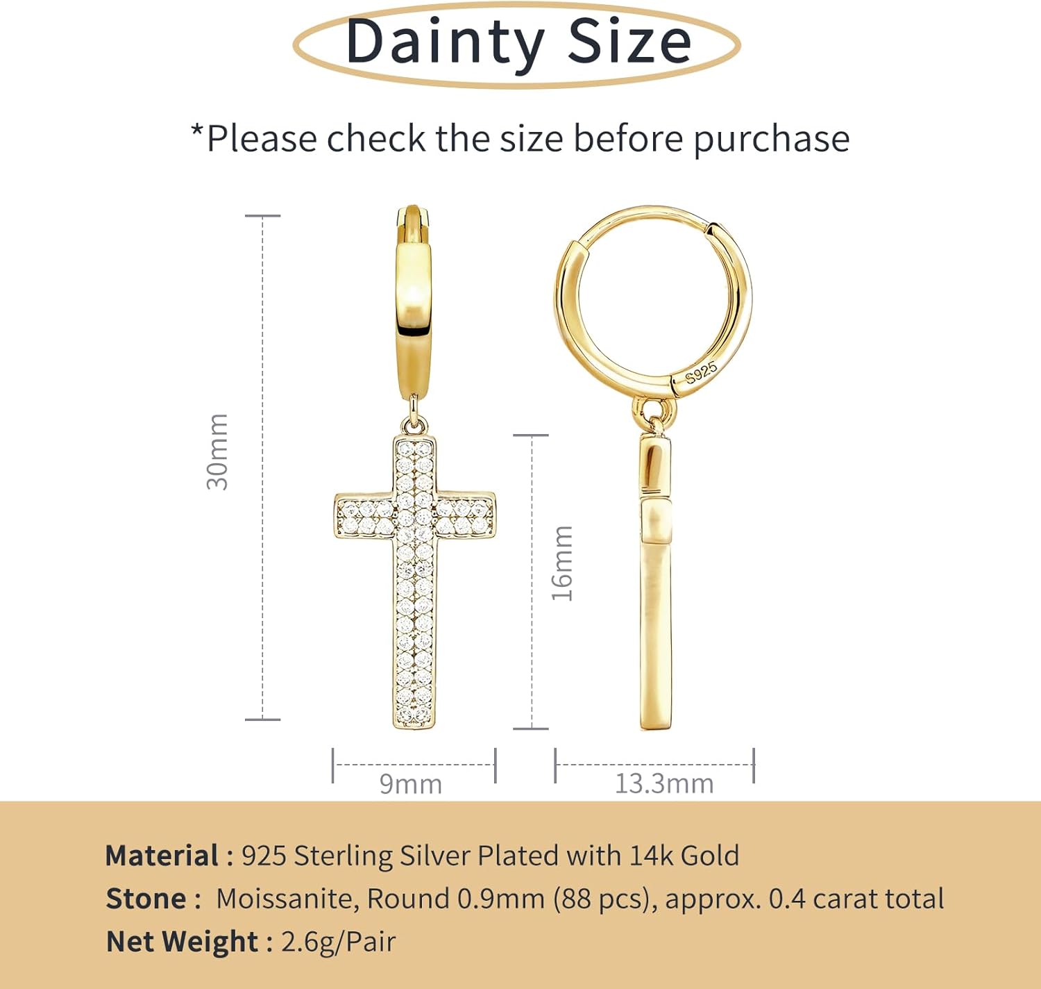 KOMORU Moissanite Pave Cross Dangle Drop Earrings, 925 Sterling Silver Hypoallergenic, Christian Faith Jewelry for Women Men
