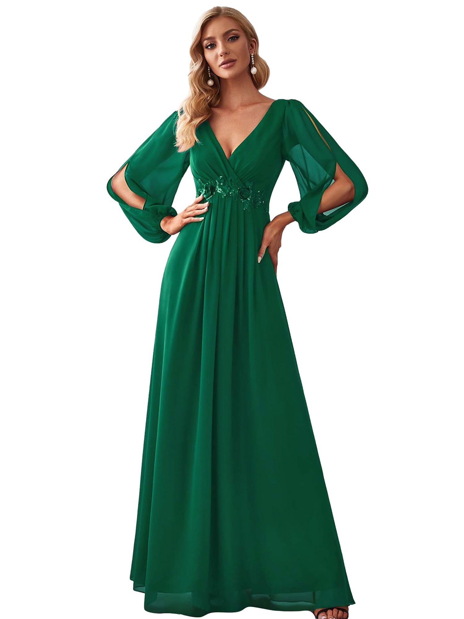 Ever-Pretty Vestido de Fiesta Talla Grande Largo para Mujer Escote V Profundo A-línea Manga Larga con Apliques 00461