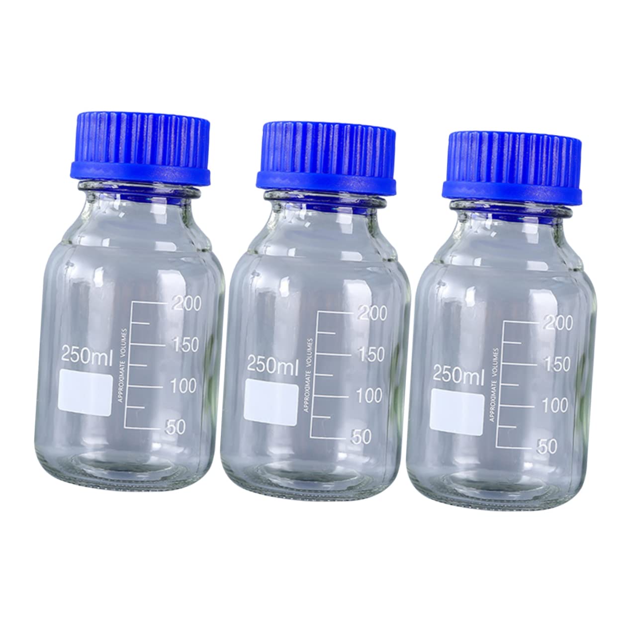 CHILDWEET Bottiglia di Reagente in Vetro 250ml 3 Pezzi, Flacone | Tappo Blu a Bocca Larga, Filettatura Sigillata, per Campionamento Chimico e Classificazione Imballaggi