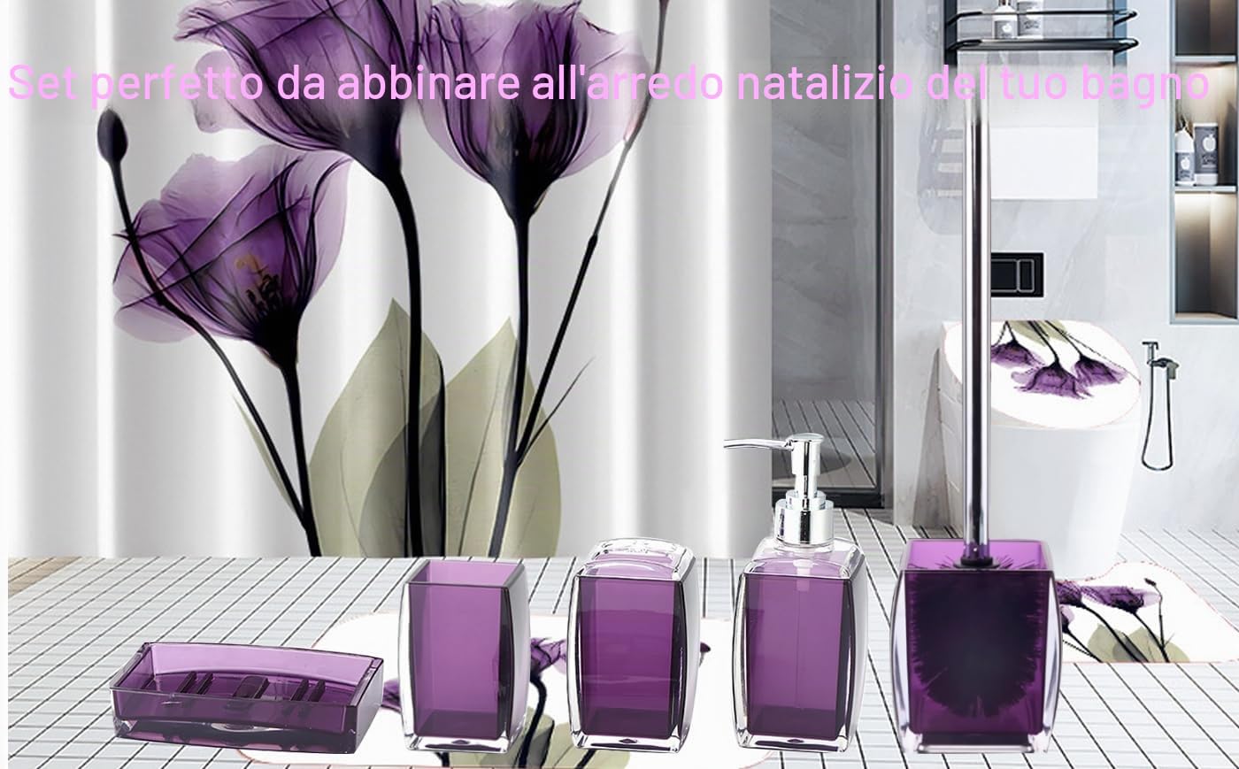 Set completo di accessori da bagno in resina/acrilico viola, dispenser per lozione/sapone, portasapone, portaspazzolino, bicchiere, scopino e supporto, decorazione moderna per il bagno e set