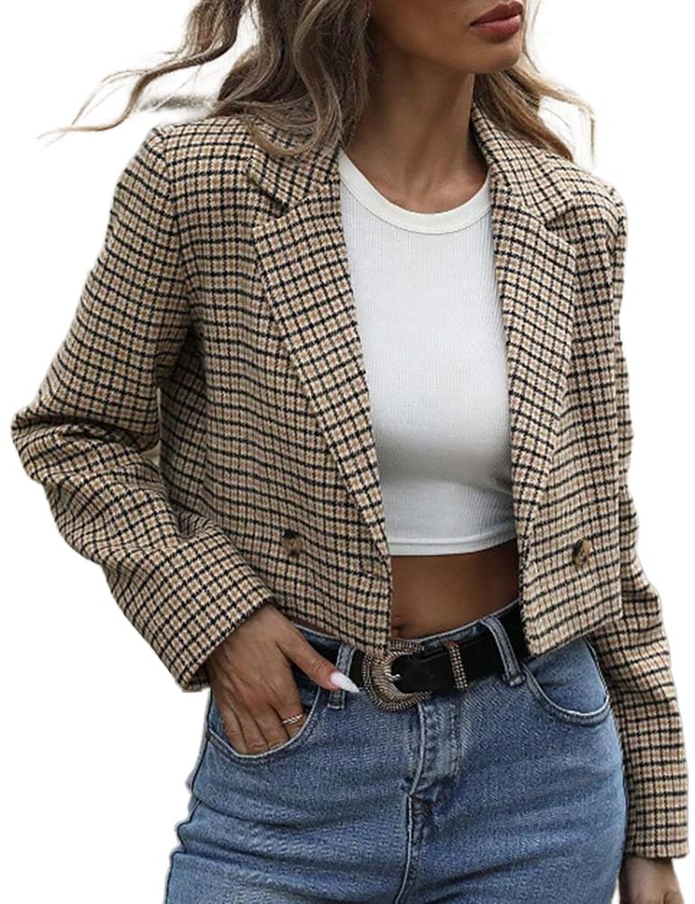 Mywinway Plaid Blazer for Women Fall Winter Casual Business Double Breasted Notch Lapel Cropped Blazer Jacket Suit Coat