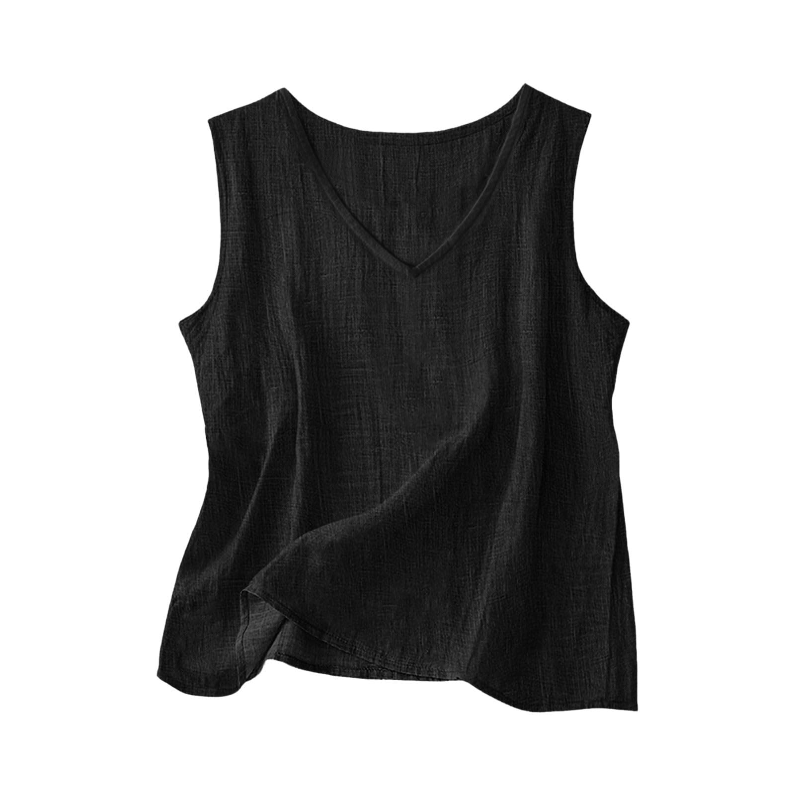 Leinen Top Damen Sommer,V-Ausschnitt Trägershirt Lässige Tank Top Leichte Sommertop Ärmellose Shirt Musselin Blusentop Baumwolle Trägertop Locker Damentops Strand Leinentop Hawaii Achselshirt