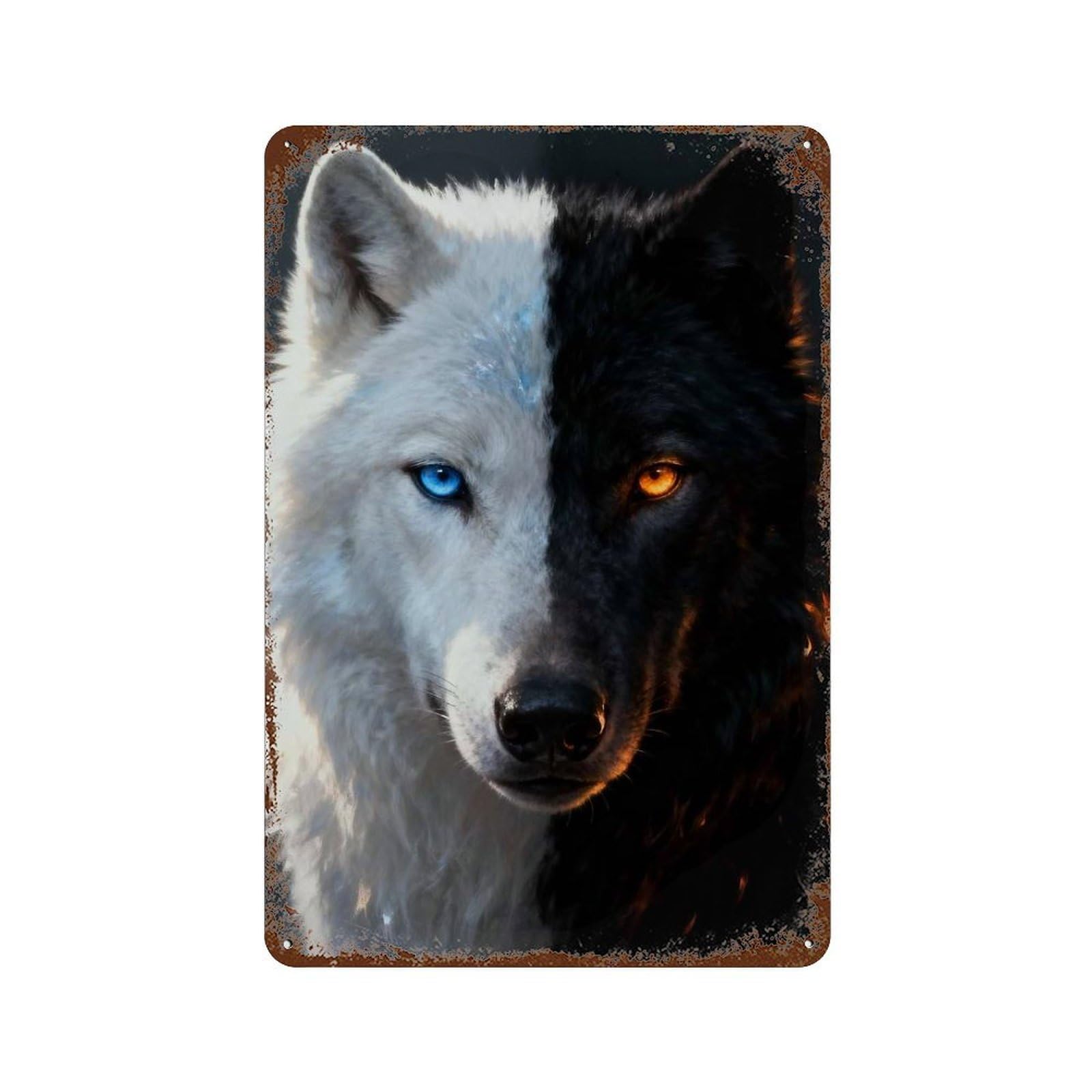 Yin And Yang Wolf Portrait Aged Metal Wall Plaque 11.8"x7.9", Classic Wall Plaque for Garage, Pub Or Kitchen