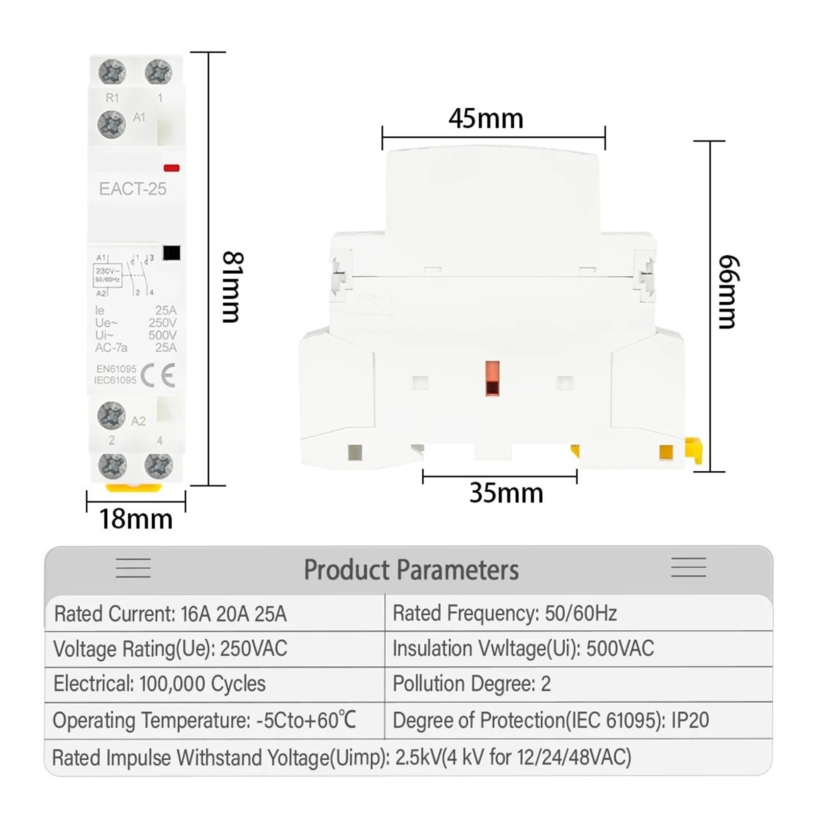 2P AC 110 V 220 V 50/60 Hz 16 A 20 A 25 A 32 A 50 A 40 A 63 A na szynę DIN domowy modułowy przełącznik stycznika DIY dom hotel (EACT-2P-16A, 1NO1NC, 220V)