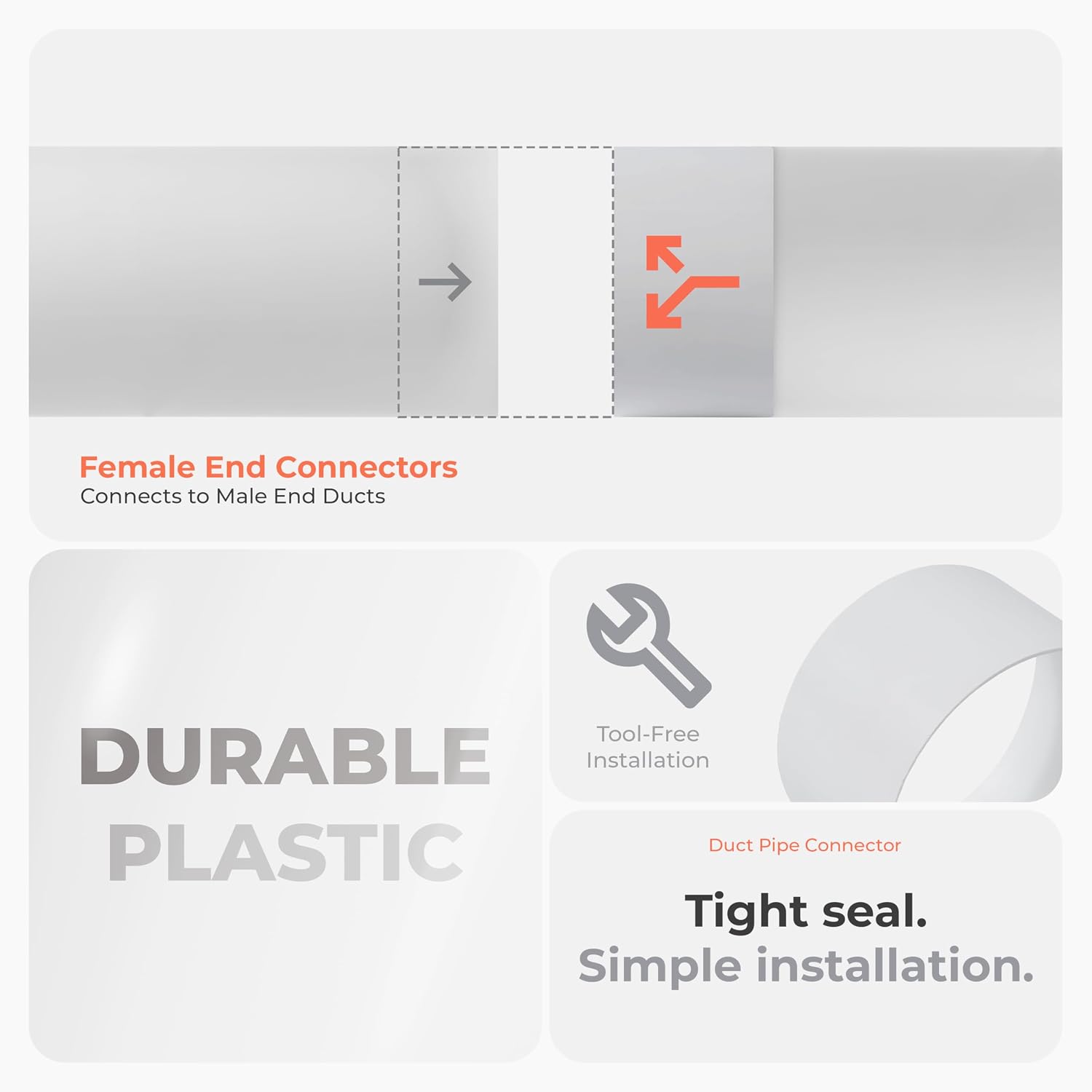 6 Inch Fit Coupling - Round Plastic Duct Pipe Connector and Extension - Female Fit - Available in Different Sizes to Suit, White
