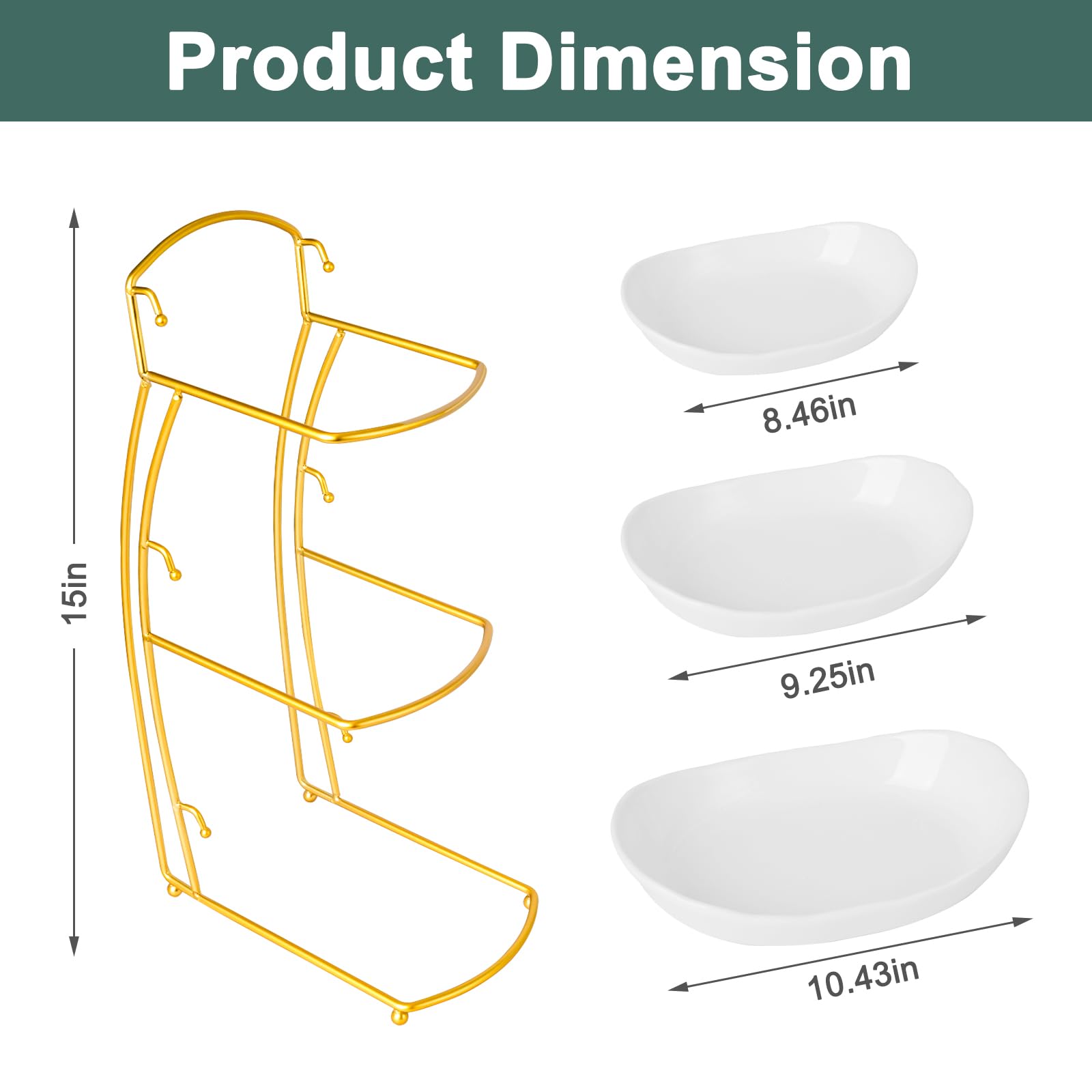 KXSGKRR 3 Tier Fruit Bowls for Kitchen Counter, White Ceramic Serving Bowls with Gold Metal Stand, Tiered Fruit Basket Display Rack for Fruits Vegetable Snack Nuts Cake Dessert Storage