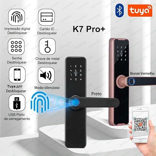 Fechadura de Porta Inteligente Eletrônica K7 Pro+ Compatível com App Tuya Desbloqueio por Biometria,