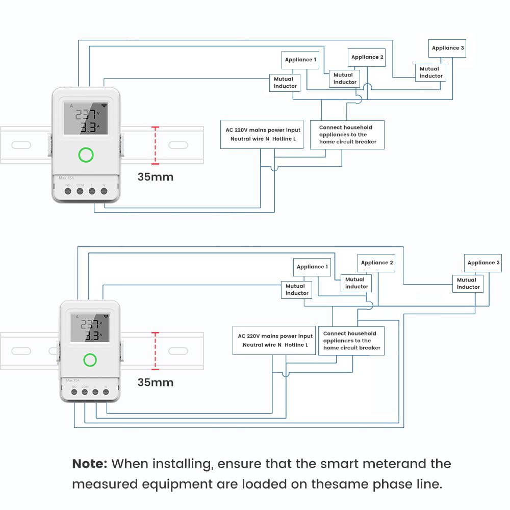 Monitor de alimentación inteligente WiFi para el hogar con sonda de temperatura, amperímetro de abrazadera, transformador de corriente CT de 3 80 A, control de aplicación, monitor en tiempo real, para