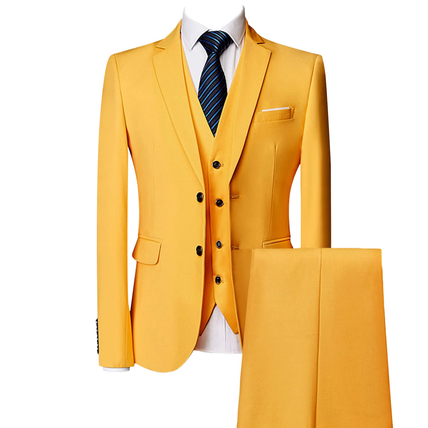 Men's Regular Fit 3 Piece Suit Set Two Button Solid Business Blazer Vest Pants Casual Slim Fit Groomsmen Wedding Suits (Yellow,Medium)
