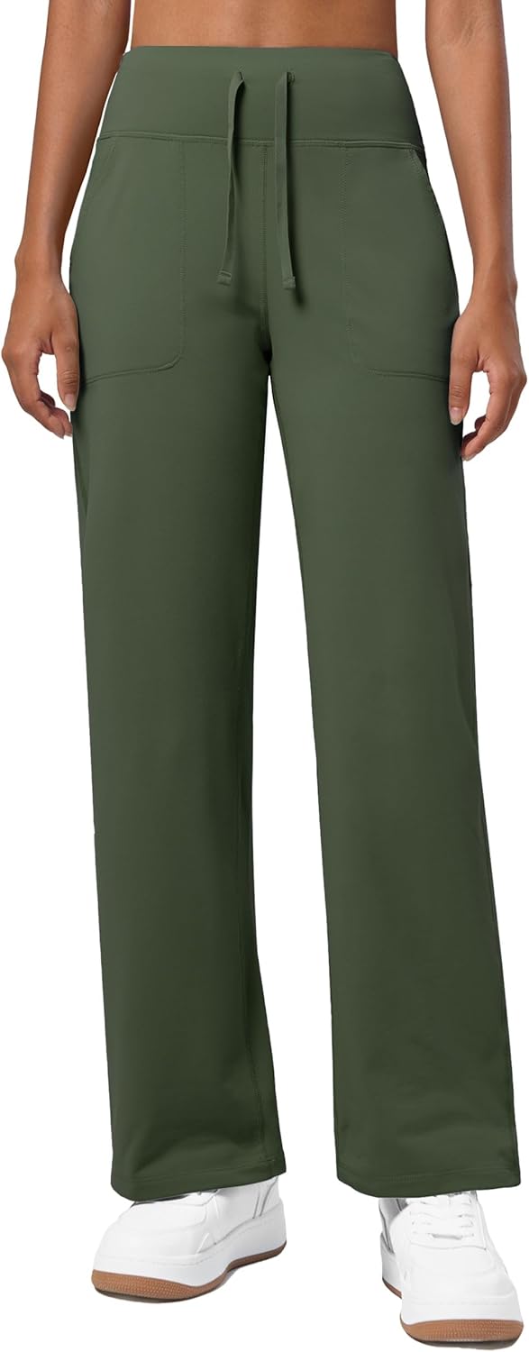 Willit Women's Fleece Lined Pants Wide Leg Thermal Yoga Winter Pants with Pockets High Waist Comyf Casual Lounge Pants 27" Army Green S - Image 2