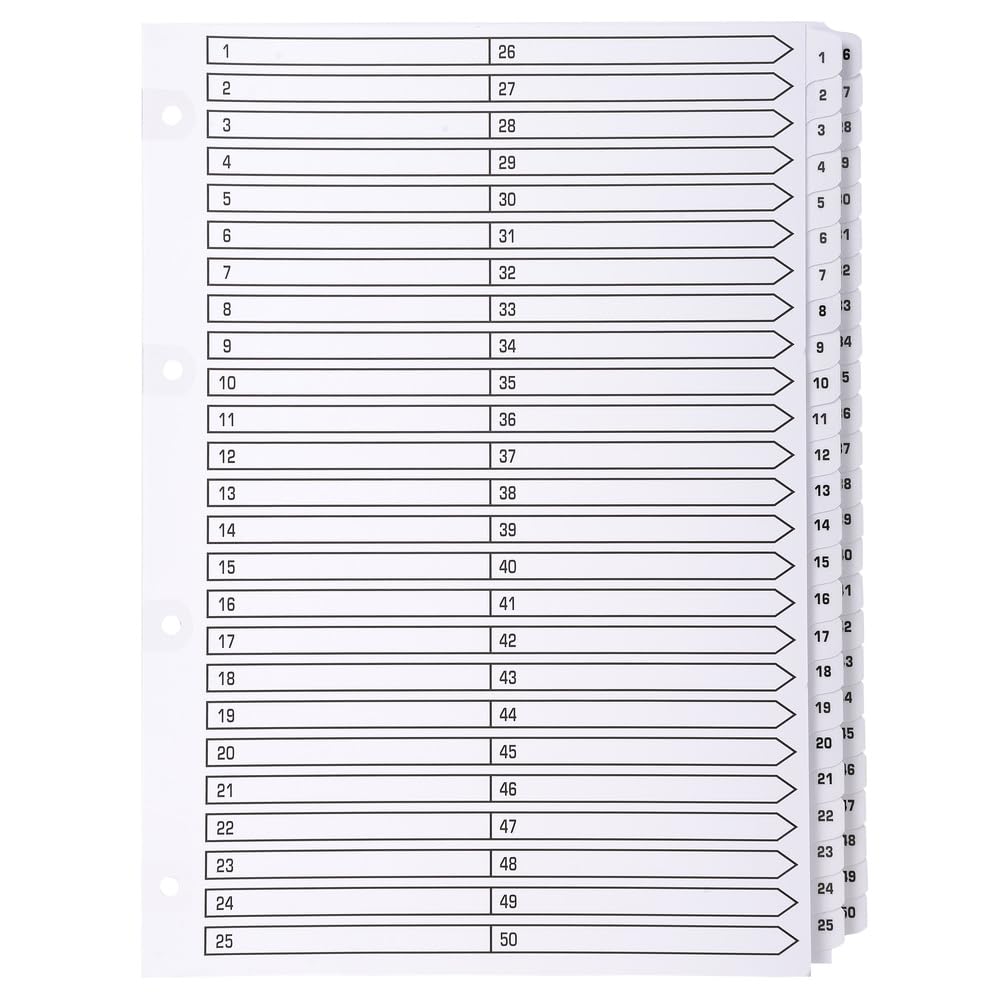 Exacompta - Ref MWD1-50Z - Box of 4 dividers in White Card 160 g/m2 FSC® with 50 Digitally Printed tabs from 1 to 50 and Laminated - Printable Index Page - A4 File Size