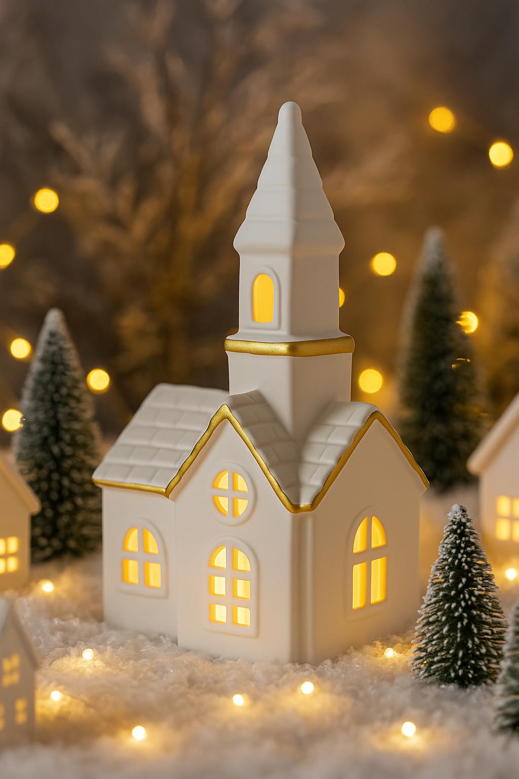 Iglesia De Cerámica Con Luz LED Para Decoración Navideña - Color Blanco, 23x13x9cm, Funciona Con Pilas (Incluidas), Ambiente Acogedor